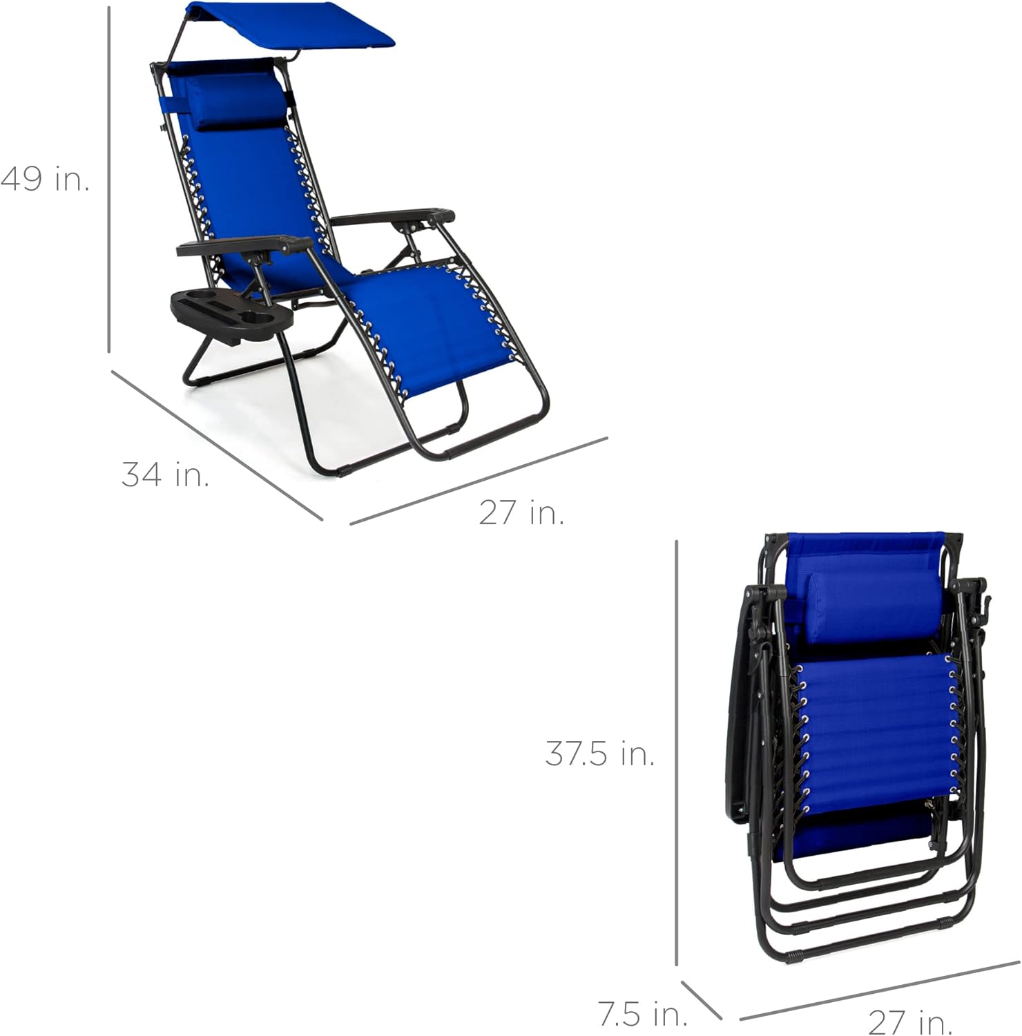 Best Choice Products Folding Zero Gravity Outdoor Recliner Patio Lounge Chair w/Adjustable Canopy Shade, Headrest, Side Accessory Tray, Textilene Mesh - Peacock Blue wourant