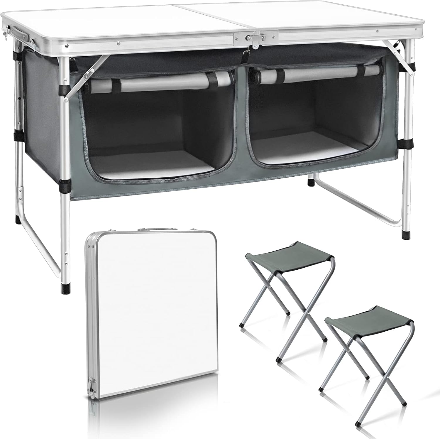 Outdoor Folding Table Aluminum Lightweight Height Adjustable with Storage Organizer for BBQ, Party, Camping wourant