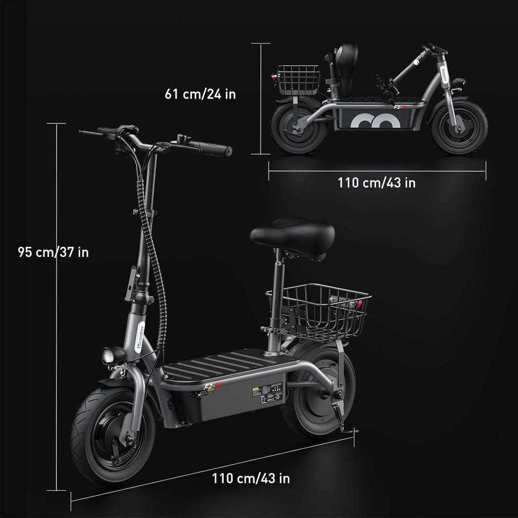 iScooter electric scooter with seat, 37/21 mile range, 28/19/15.6 mph top speed, dual suspension scooter with basket wourant