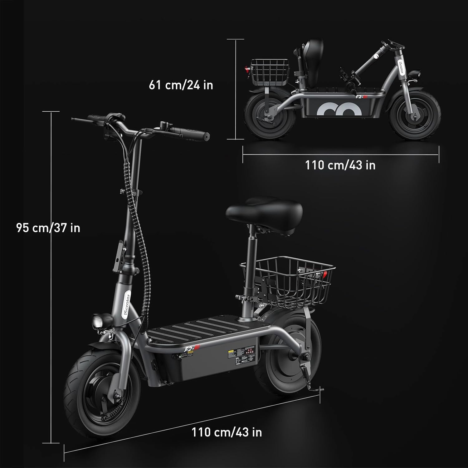 iScooter electric scooter with seat, 37/21 mile range, 28/19/15.6 mph top speed, dual suspension scooter with basket wourant
