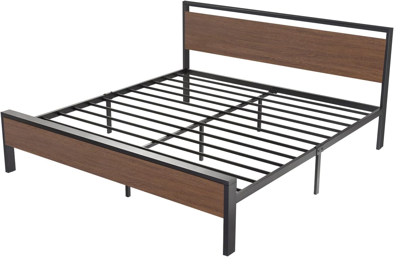 SHA CERLIN 14 Inch Full Size Metal Platform Bed Frame with Wooden Headboard and Footboard wourant