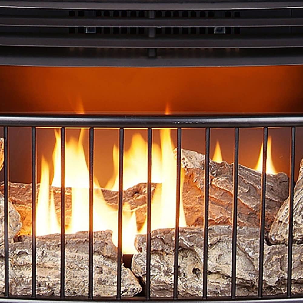 Vent-free 25,000 BTU space-saving freestanding dual-fuel fireplace with built-in thermostat control wourant