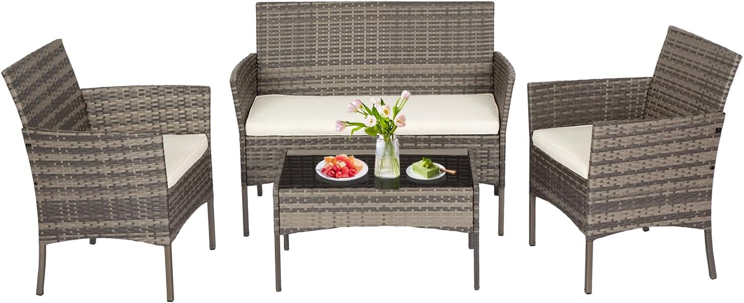 FDW | 4-Piece Patio Furniture Set | Black | Outdoor Wicker Furniture with Coffee Table | Modern Rattan Chairs Conversation Set | Outdoor Seating | Weather-Resistant | for Porch, Garden, Lawn woonhhop