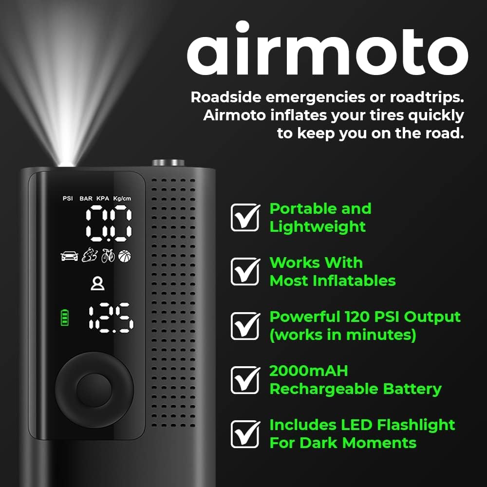 Airmoto Tire Inflator Portable Air Compressor Car Tire Air Pump with Digital Pressure Gauge, LED Light and Auto Shutoff wourant