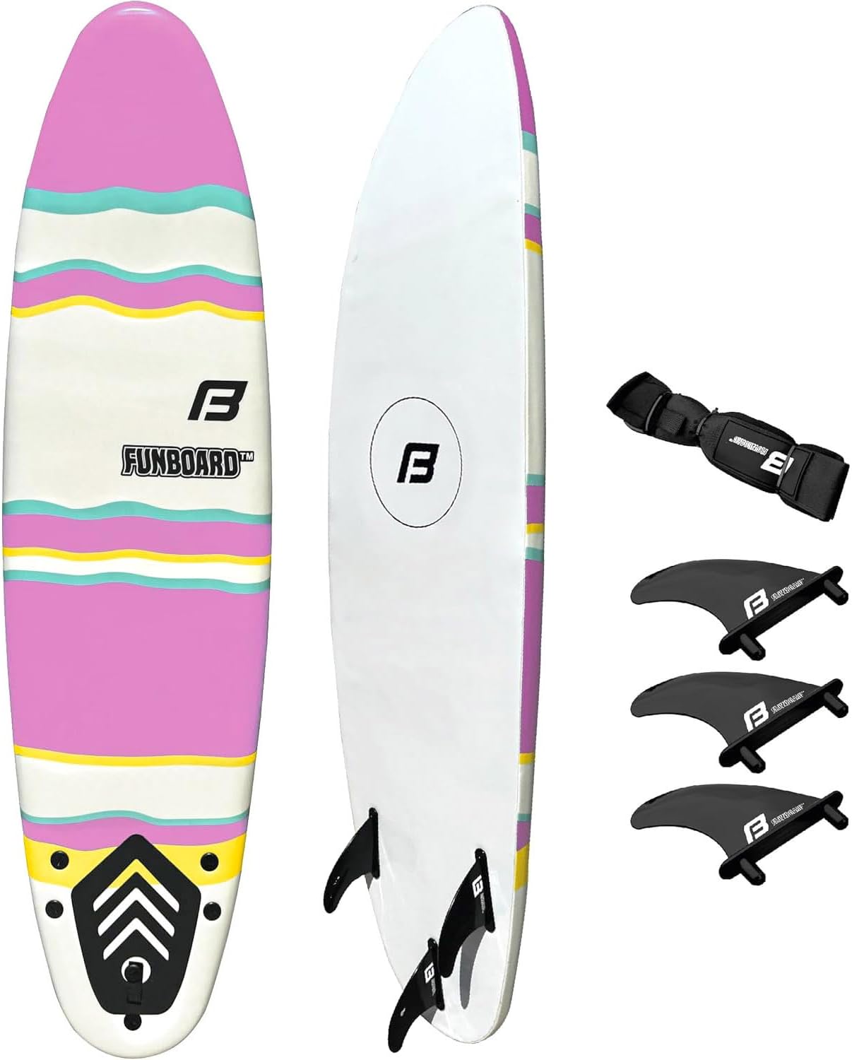 6 FUNBOARD Surfboard Softboard Foam Include (3) Fins 6 Foot Leash and (2) Wood Stringers wourant