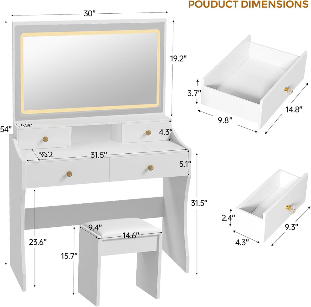 COMHOMA Makeup Vanity Desk with Mirror and Lights, Vanity Table and Chair Set wourant