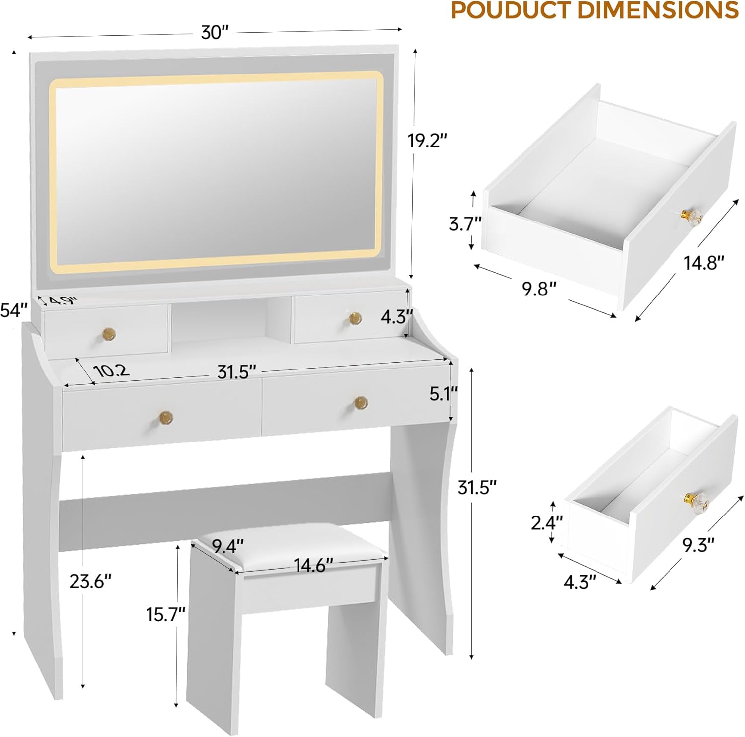 COMHOMA Makeup Vanity Desk with Mirror and Lights, Vanity Table and Chair Set wourant