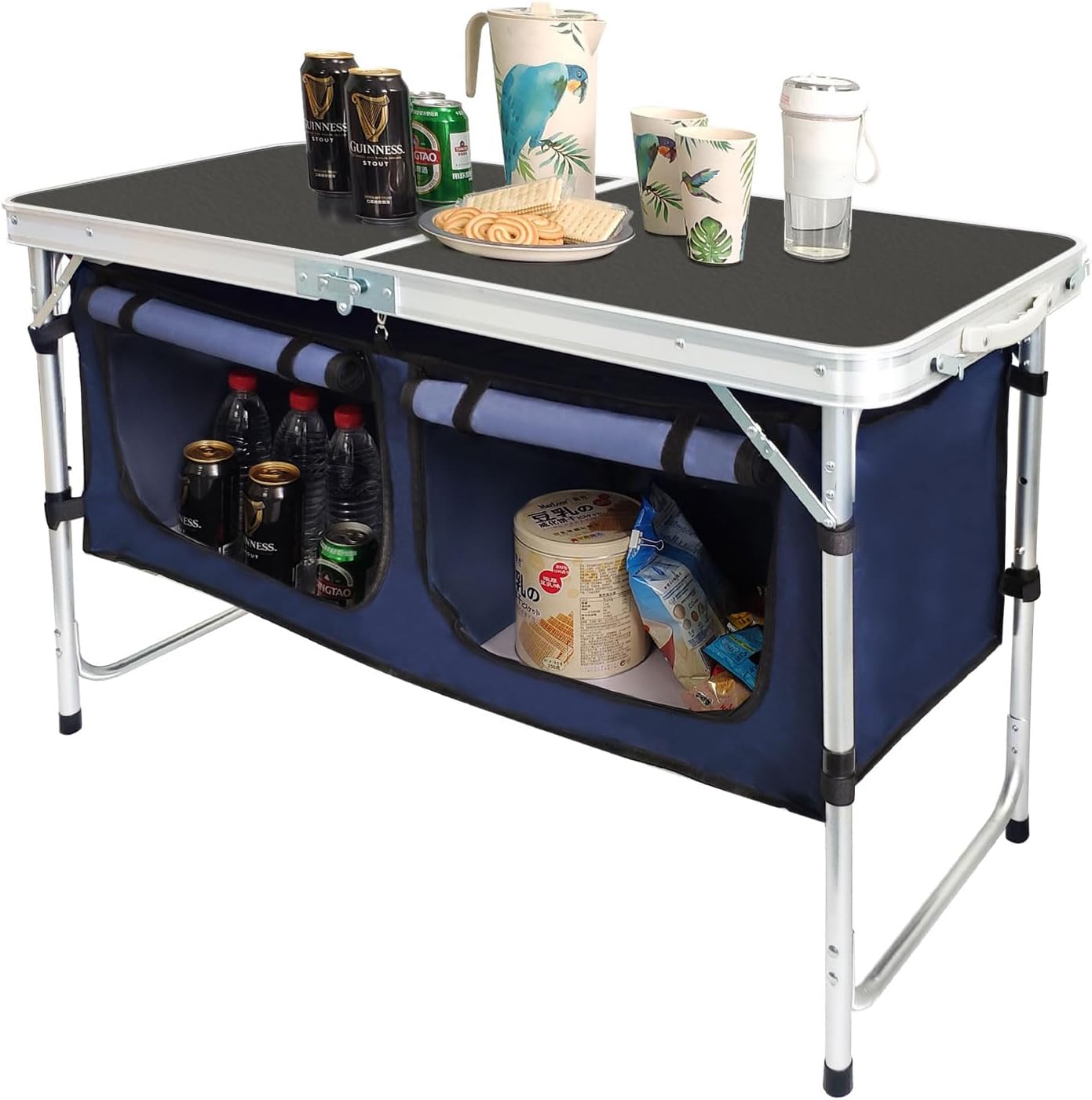 Outdoor Folding Table Aluminum Lightweight Height Adjustable with Storage Organizer for BBQ, Party, Camping wourant