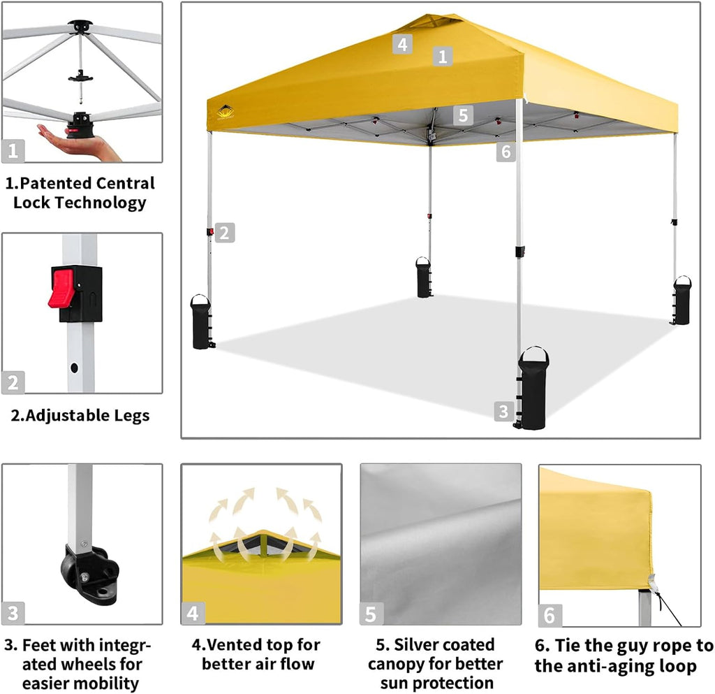 10x10 Pop-Up Awning - One-Click Installation Beach Tent - Outdoor Sunshade Silver Coated Top, 3 Heights and 4 Sand Pockets wourant