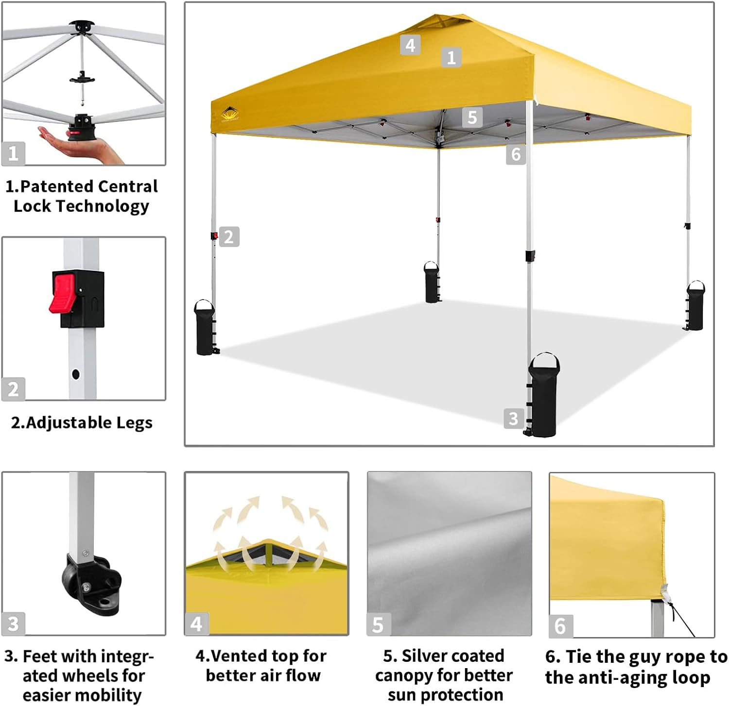 10x10 Pop-Up Awning - One-Click Installation Beach Tent - Outdoor Sunshade Silver Coated Top, 3 Heights and 4 Sand Pockets wourant