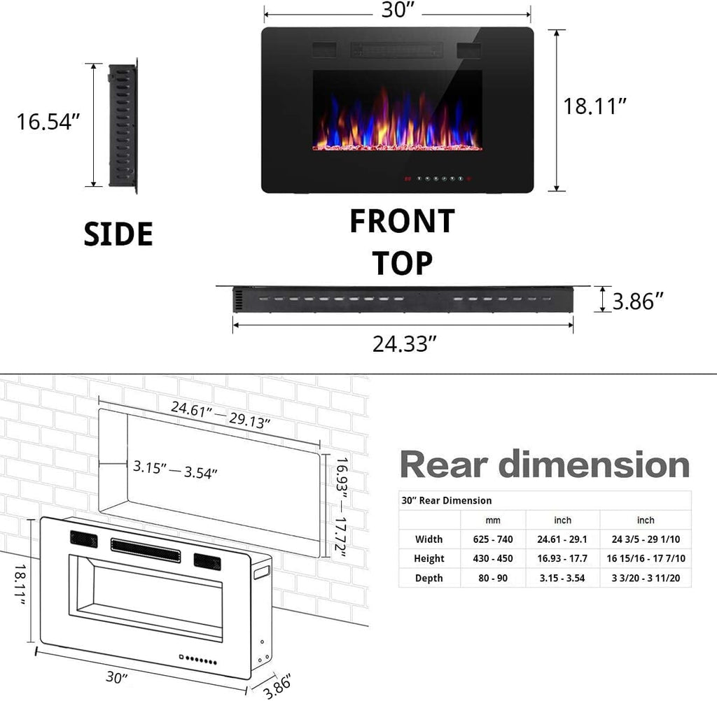 R.W.FLAME 60" Recessed and Wall Mounted Electric Fireplace, Low Noise, Fit for 2 x 6 Stud, Remote Control with Timer, Touch Screen, Adjustable Flame Color and Speed, 750-1500W wourant