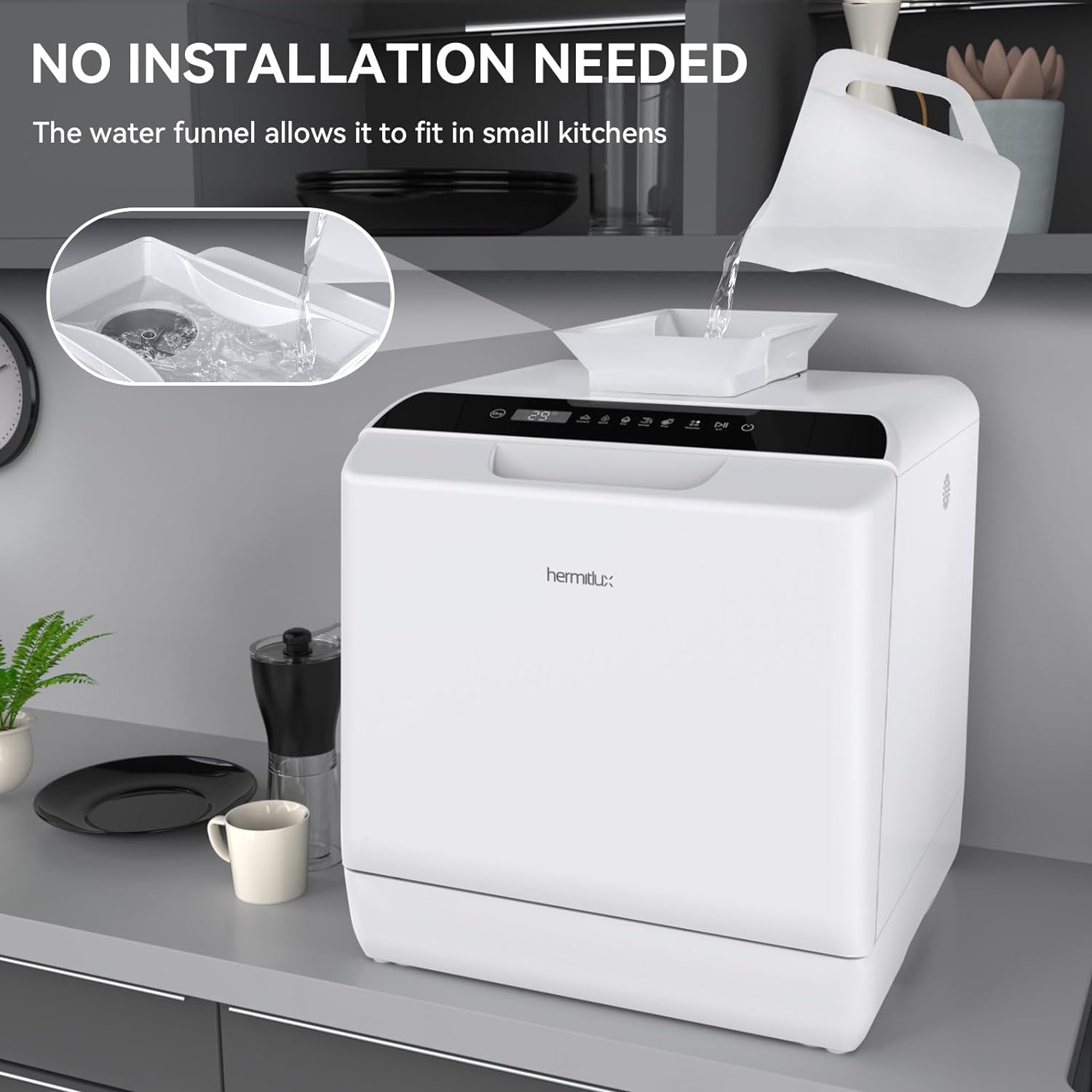 Hermitlux Countertop Dishwasher, 7 Washing Programs Portable Mini Dishwasher with 5-Liter Built-in Water Tank for Apartments & RVs, LED Light, Glass Door, No Hookup Needed wourant