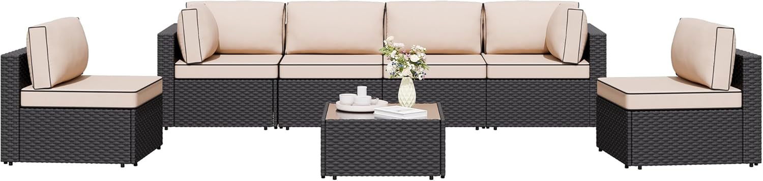 7 Pieces Outdoor Patio Sectional Sofa Couch, Wicker Furniture Patio Conversation Sets with Washable Cushions & Coffee Table for Garden, Poolside, Backyard woonhhop