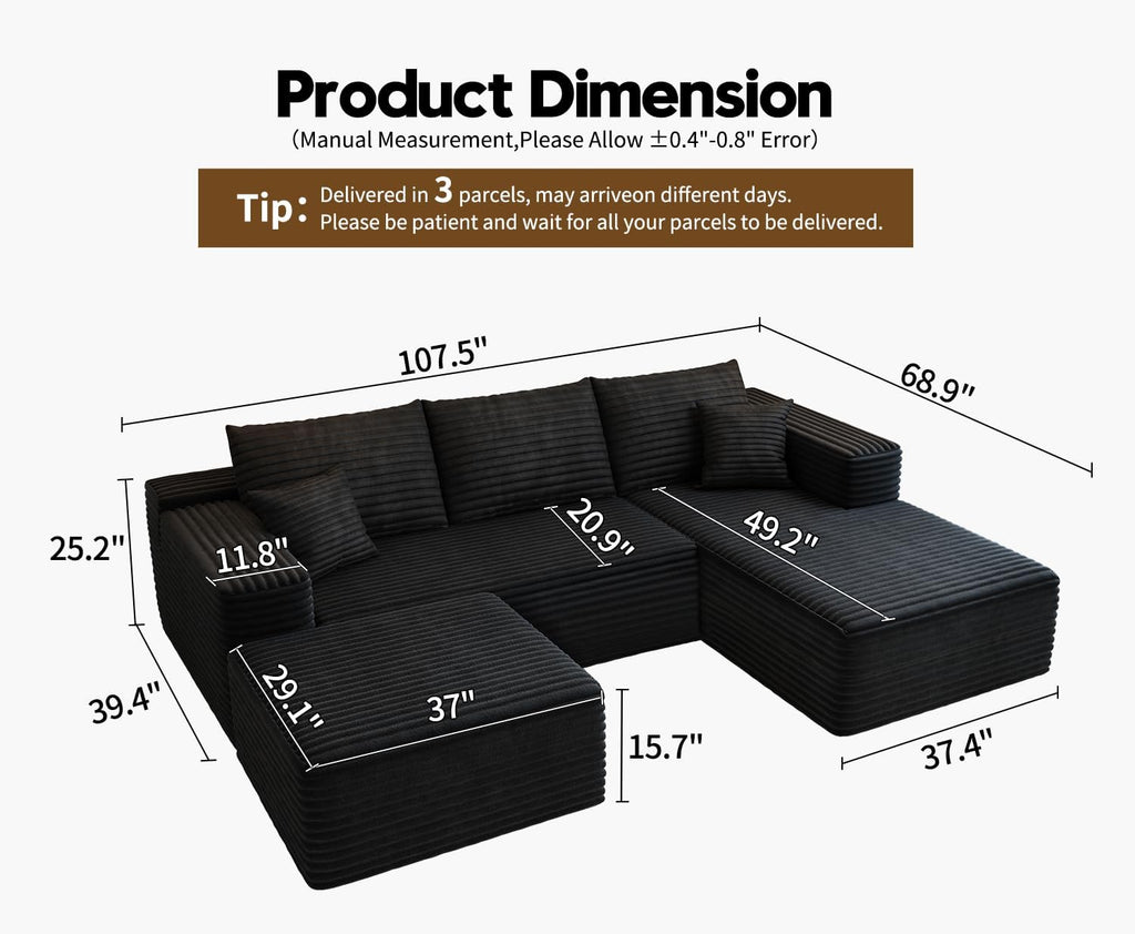 107.5" Cloud Modular Sectional Sofa Couch with L-Shape Chaise,Modern Minimalist Upholstered Couches wourant