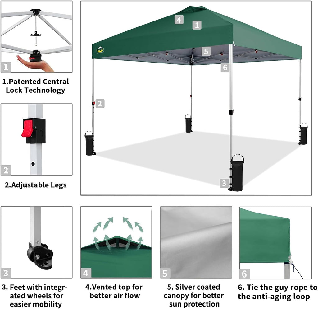 10x10 Pop-Up Awning - One-Click Installation Beach Tent - Outdoor Sunshade Silver Coated Top, 3 Heights and 4 Sand Pockets wourant