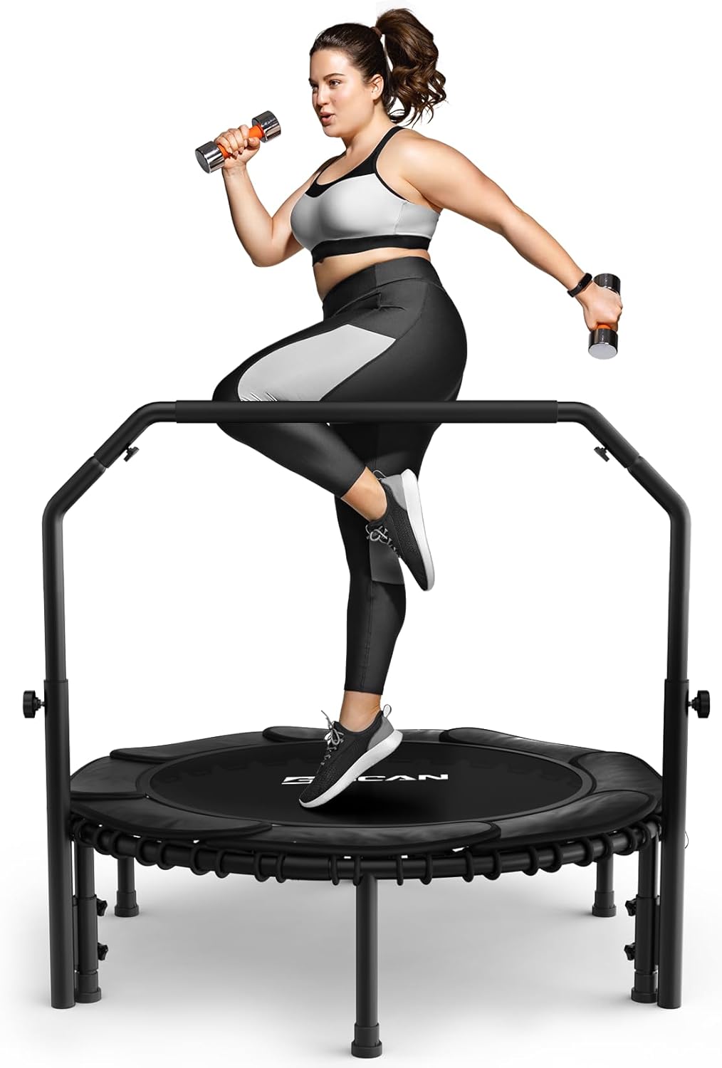 BCAN 450/550 LBS Foldable Mini Trampoline, 40"/48" Fitness Trampoline with Bungees, U Shape Adjustable Foam Handle, Stable & Quiet Exercise Rebounder for Adults Indoor/Outdoor Workout wourant
