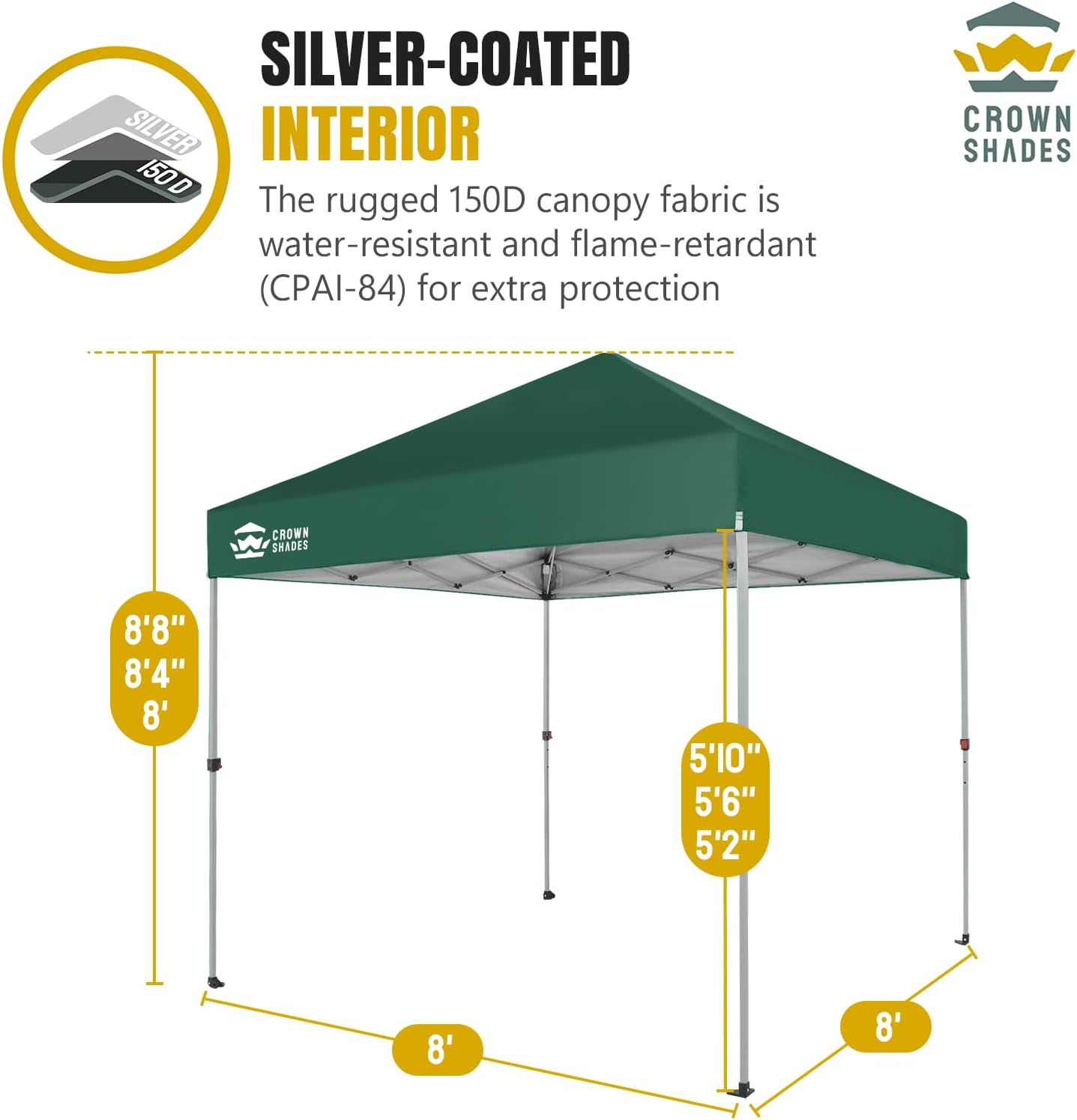 10x10 Pop-Up Awning - One-Click Installation Beach Tent - Outdoor Sunshade Silver Coated Top, 3 Heights and 4 Sand Pockets wourant