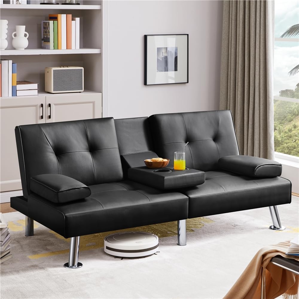 Yaheetech Convertible Sofa Bed Adjustable Couch Sleeper Modern Faux Leather Home Recliner Reversible Loveseat Folding Daybed Guest Bed, Removable Armrests, Cup Holders, 3 Angles, 772lb Capacity, Brown wourant