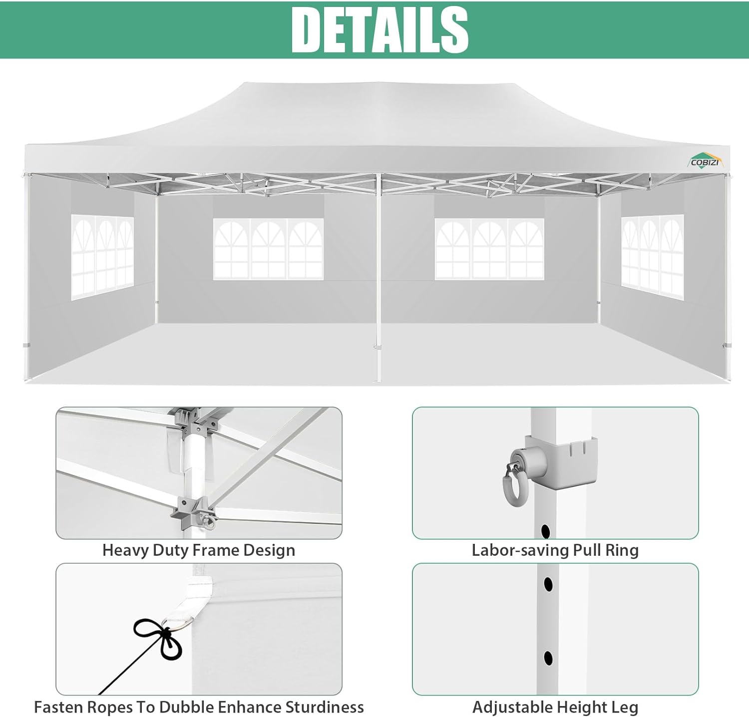 COBIZI 10x20 Heavy Duty Pop up Canopy Tent with 6 sidewalls Easy Up Commercial Outdoor Canopy Wedding Party Tents for Parties All Season Wind & Waterproof Gazebo with Roller Bag,Black(Frame Thickened) wourant
