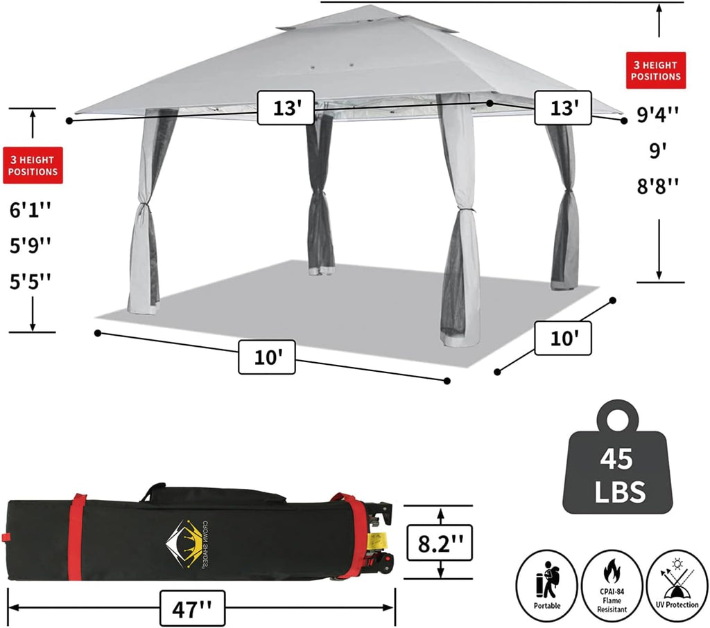 CROWN SHADES 13x13 Pop Up Gazebo, Canopy Tent, Gazebos on Clearance - Outdoor Gazebo for Backyard & Patio Furniture - Carpa Pop Up Tent with Wheeled STO-N-Go Cover Bag (White) wourant