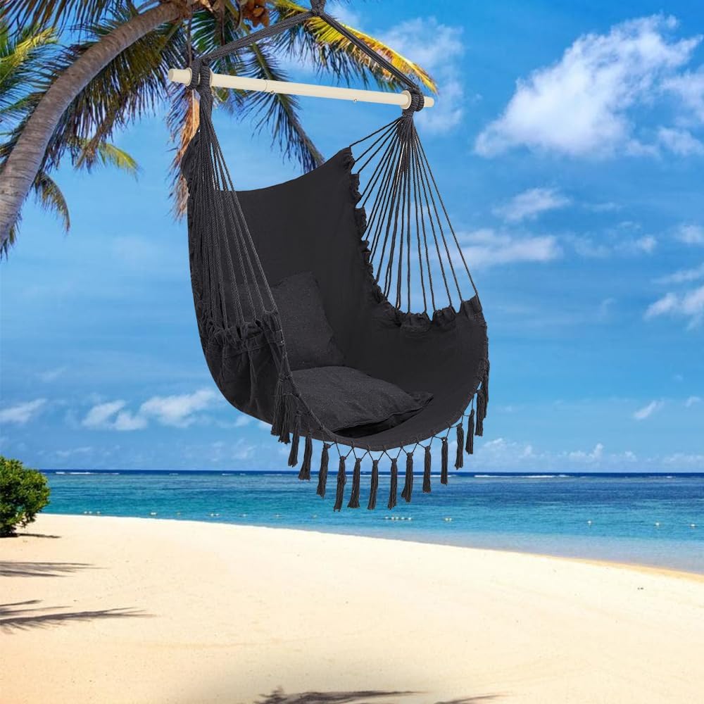 ONCLOUD Hammock Chair Hanging Rope Swing, Load Capacity Up to 550 LBS Macrame Hammock Swing Seat with Two Cushions, Hammock Seats with Portable Steel Spreader Bar for Indoor/Outdoor, Black wourant