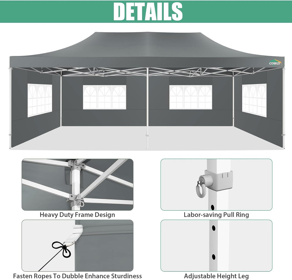 COBIZI 10x20 Heavy Duty Pop up Canopy Tent with 6 sidewalls Easy Up Commercial Outdoor Canopy Wedding Party Tents for Parties All Season Wind & Waterproof Gazebo with Roller Bag,Black(Frame Thickened) wourant