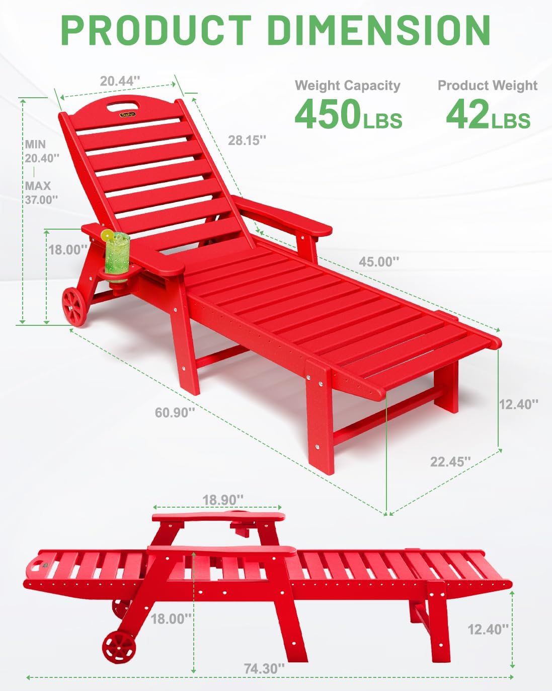 Lounge Chair Outdoor, Chaise Lounge, HDPE 6-Position Outdoor Chaise Lounge, Patio Lounge Chair with Wheels & Cup Holder for Pool Poolside Deck Backyard, Teak wourant