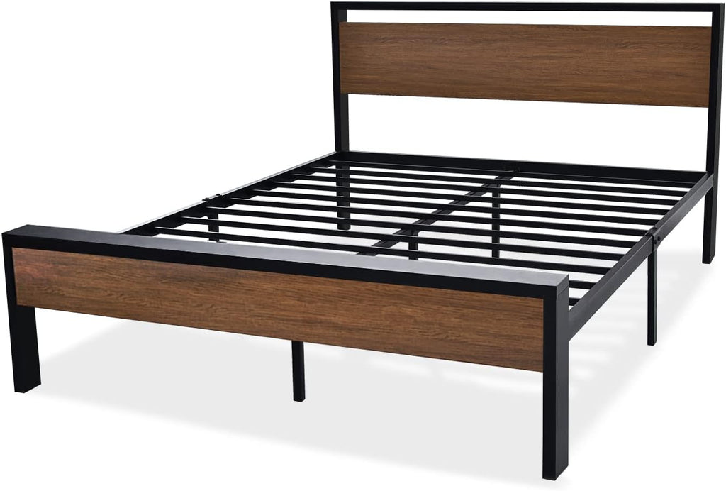 SHA CERLIN 14 Inch Full Size Metal Platform Bed Frame with Wooden Headboard and Footboard wourant