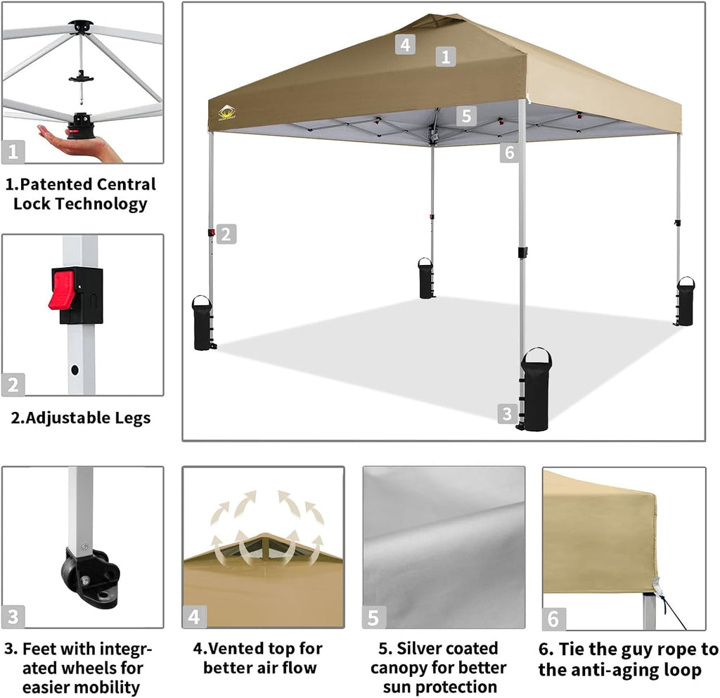 10x10 Pop-Up Awning - One-Click Installation Beach Tent - Outdoor Sunshade Silver Coated Top, 3 Heights and 4 Sand Pockets wourant