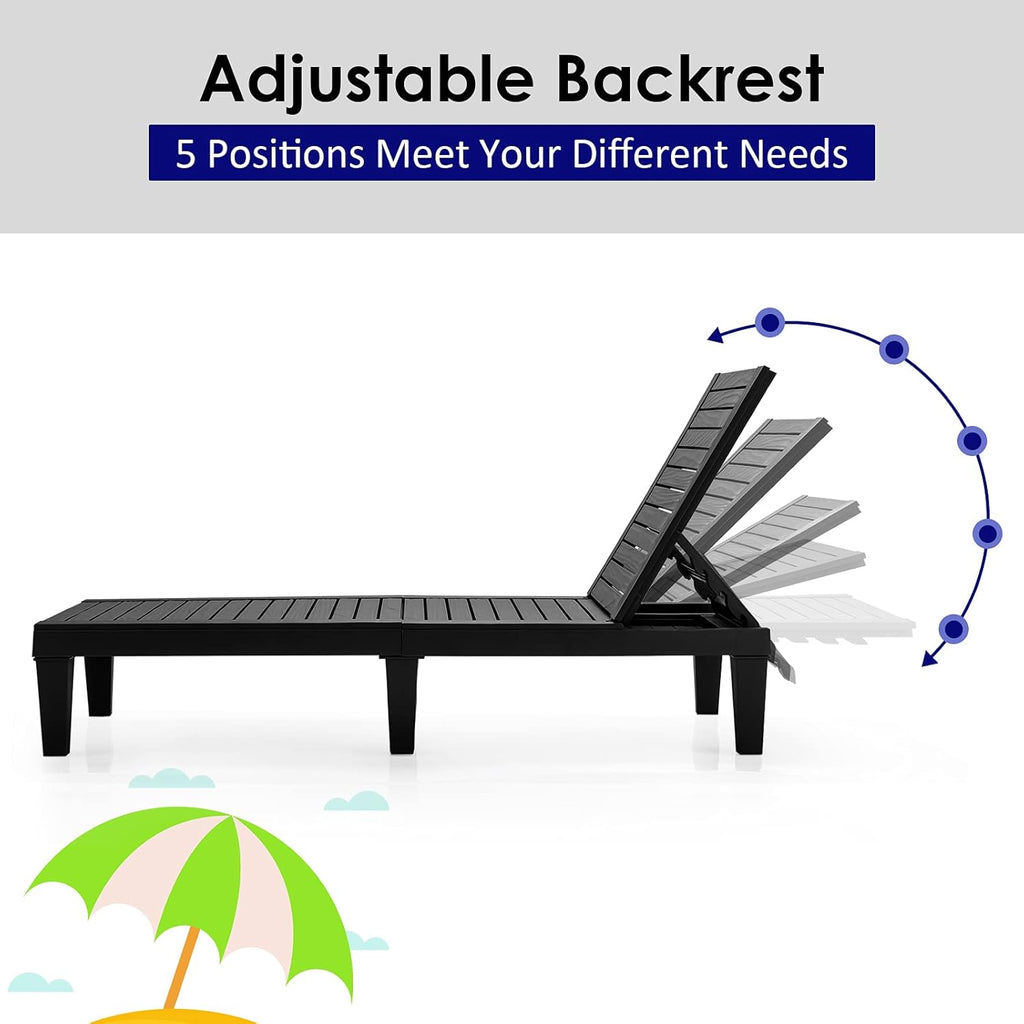 Outdoor Chaise Lounge Chair, Lightweight Patio Lounge Recliner Chair with Adjustable Backrest, 5 Reclining Positions Chaise Lounger for Patio, Beach, Balcony, Poolside, Backyard (1, Black) wourant