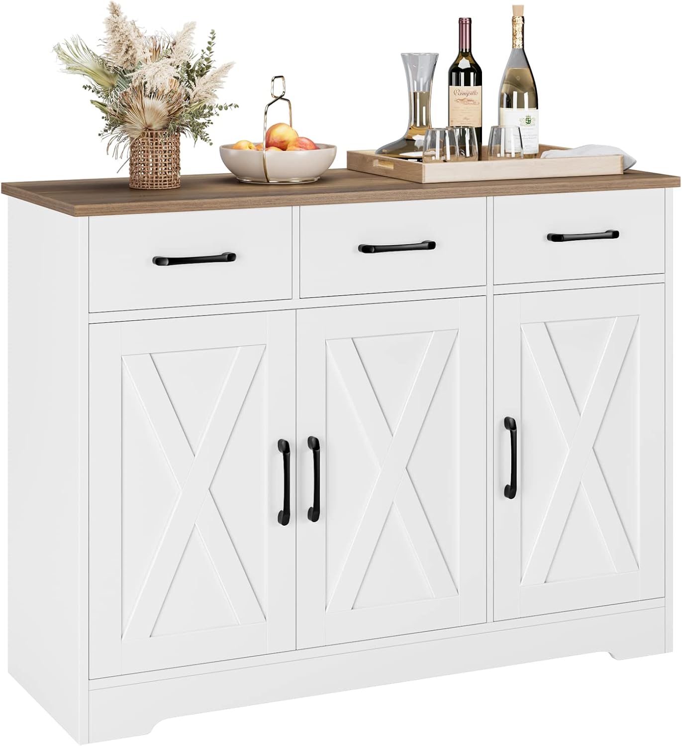 Modern farmhouse sideboard, barn door buffet storage cabinet with drawers and shelves, wooden coffee bar with storage wourant