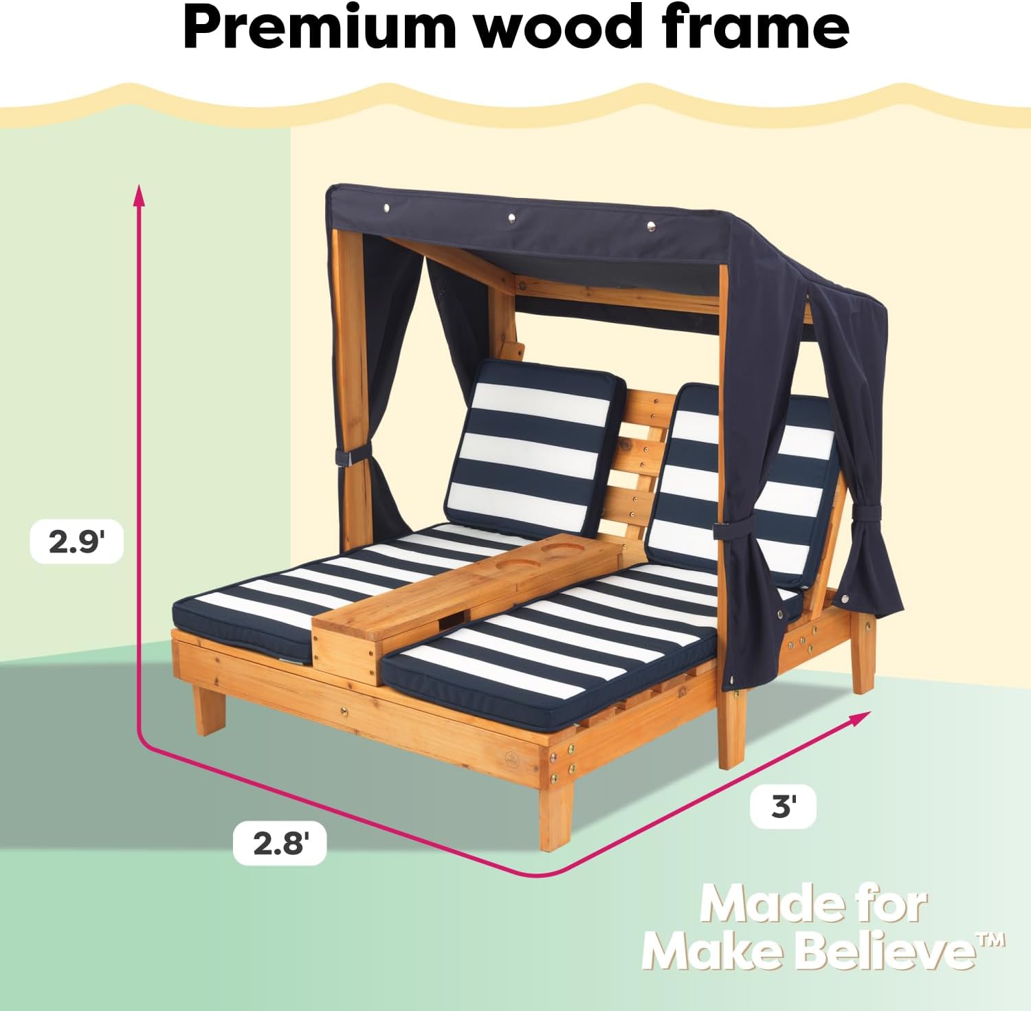 KidKraft Wooden Outdoor Double Chaise Lounge with Cup Holders, Kid's Patio Furniture, Honey with Navy and White Striped Fabric, Gift for Ages 3-8 wourant