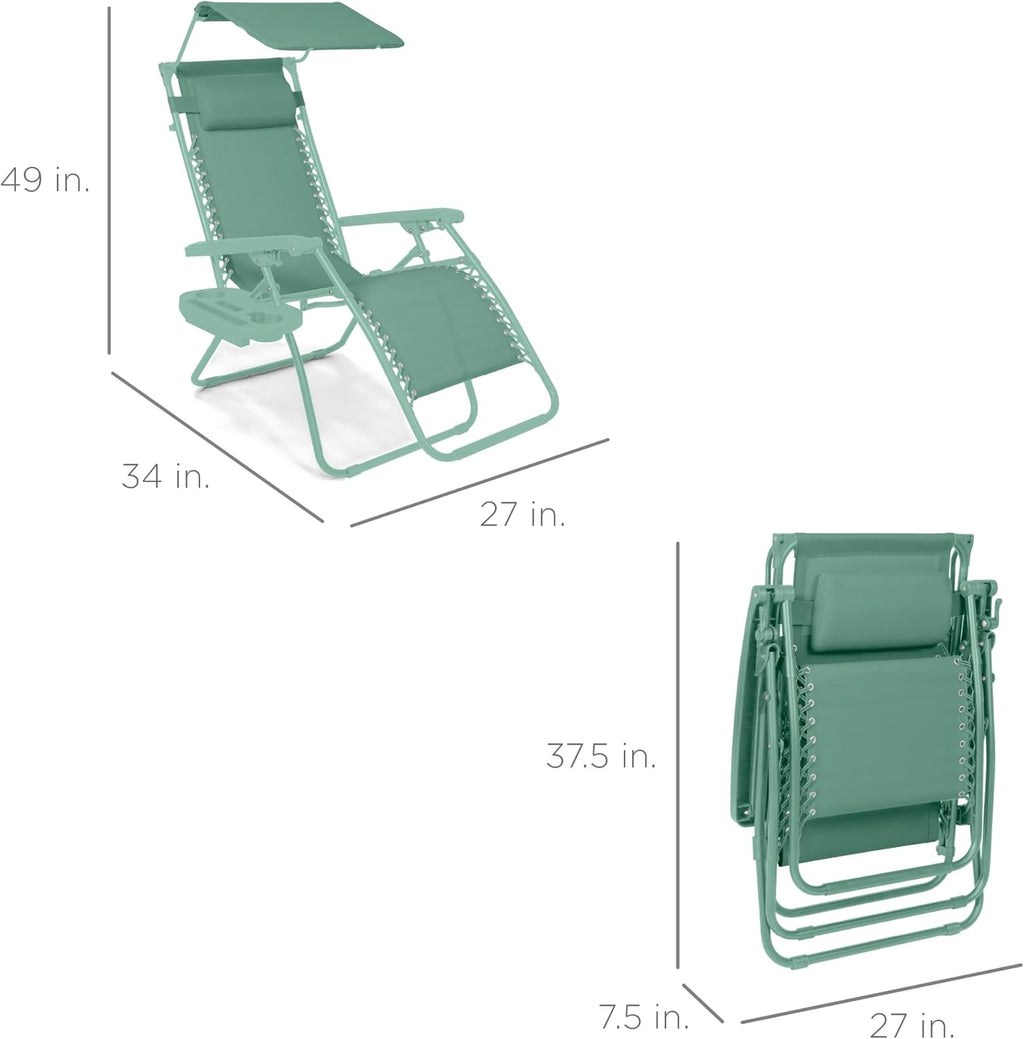 Best Choice Products Folding Zero Gravity Outdoor Recliner Patio Lounge Chair w/Adjustable Canopy Shade, Headrest, Side Accessory Tray, Textilene Mesh - Peacock Blue wourant