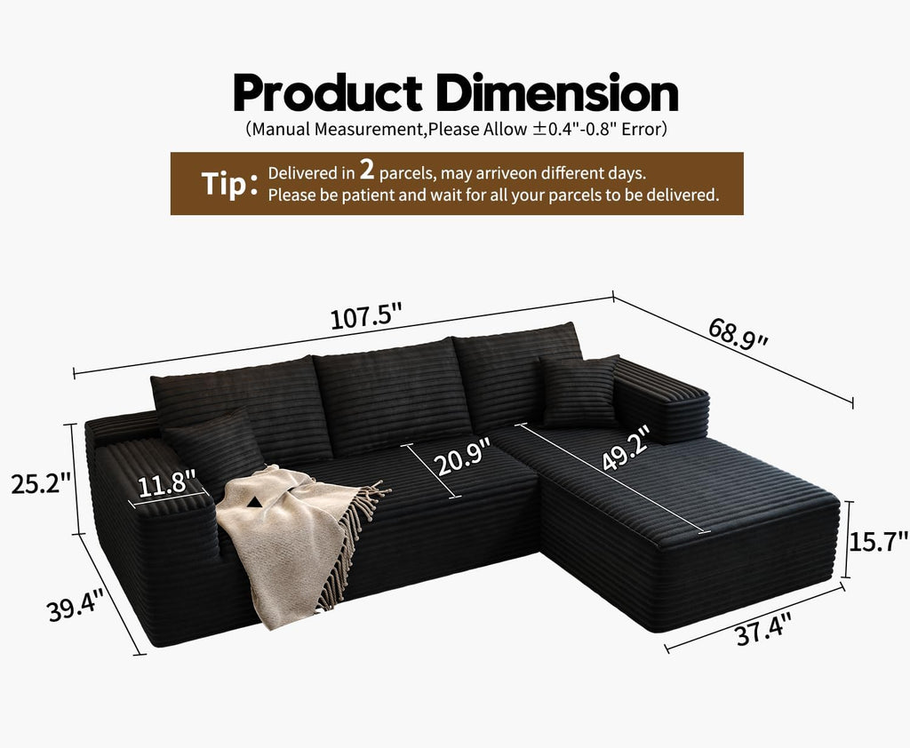 107.5" Cloud Modular Sectional Sofa Couch with L-Shape Chaise,Modern Minimalist Upholstered Couches wourant
