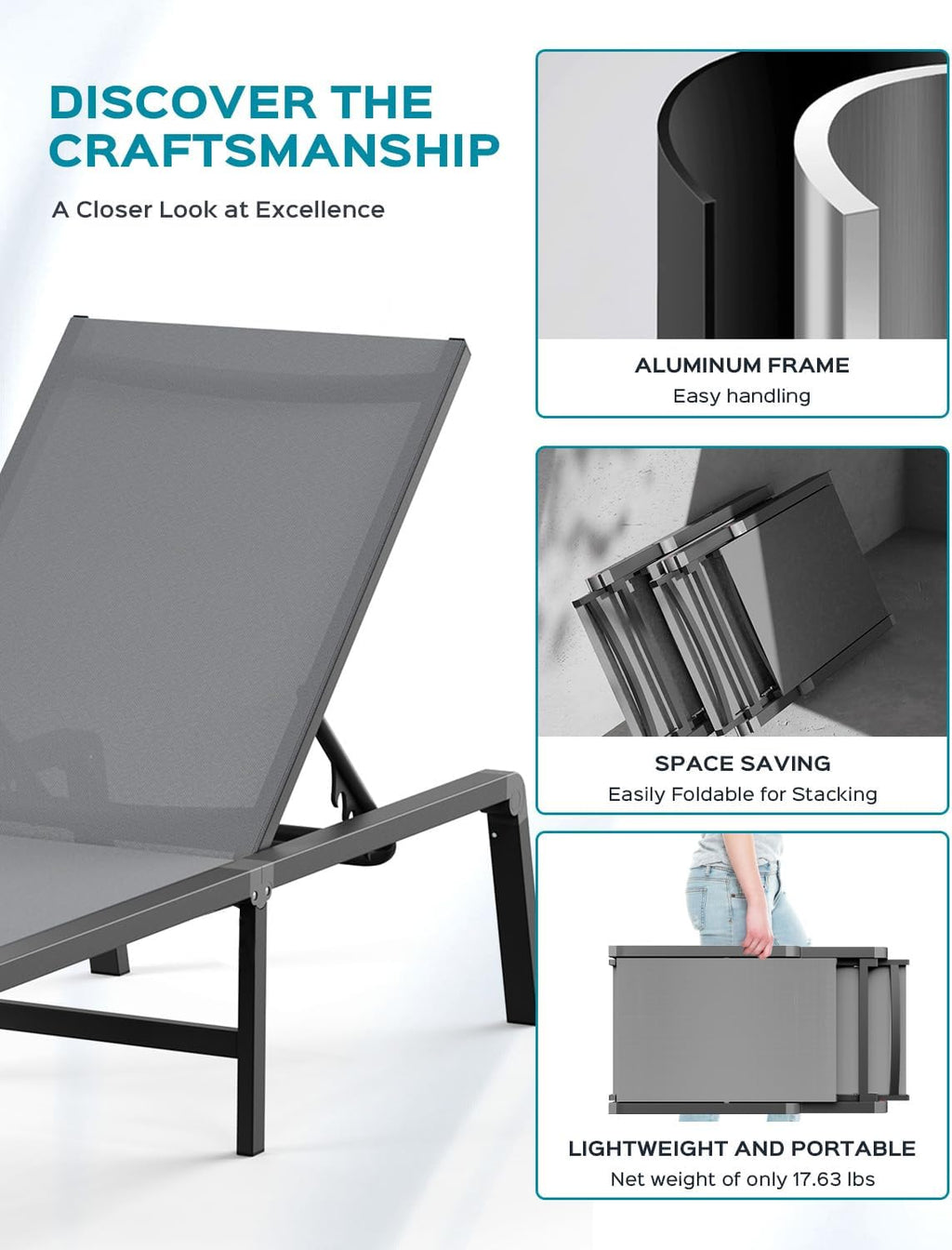 Aluminum Chaise Lounge Ourdoor - Foldable & Assemble Free Outdoor Lounge Chair with 5 Adjustable Backrest, Patio Lounge Chair for Outside Poolside Beach Pool, Black wourant