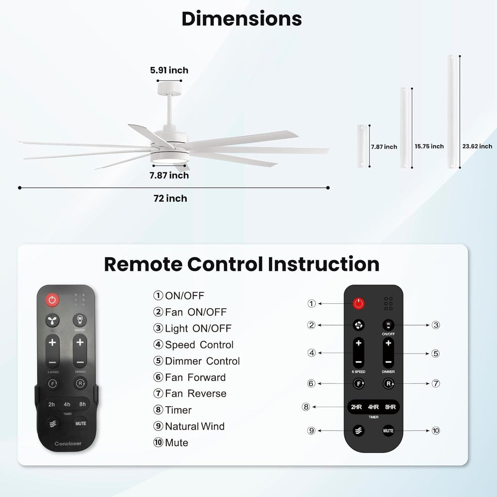 Modern Ceiling Fans with Lights, 72 Inch Ceiling Fan with Light and Remote, Bedroom Living Room Library Cafe Outdoor/Industrial,24W 3CCT Dimmable, 8 Blades 6 Speed Reversible Quiet DC Motor, Black wourant