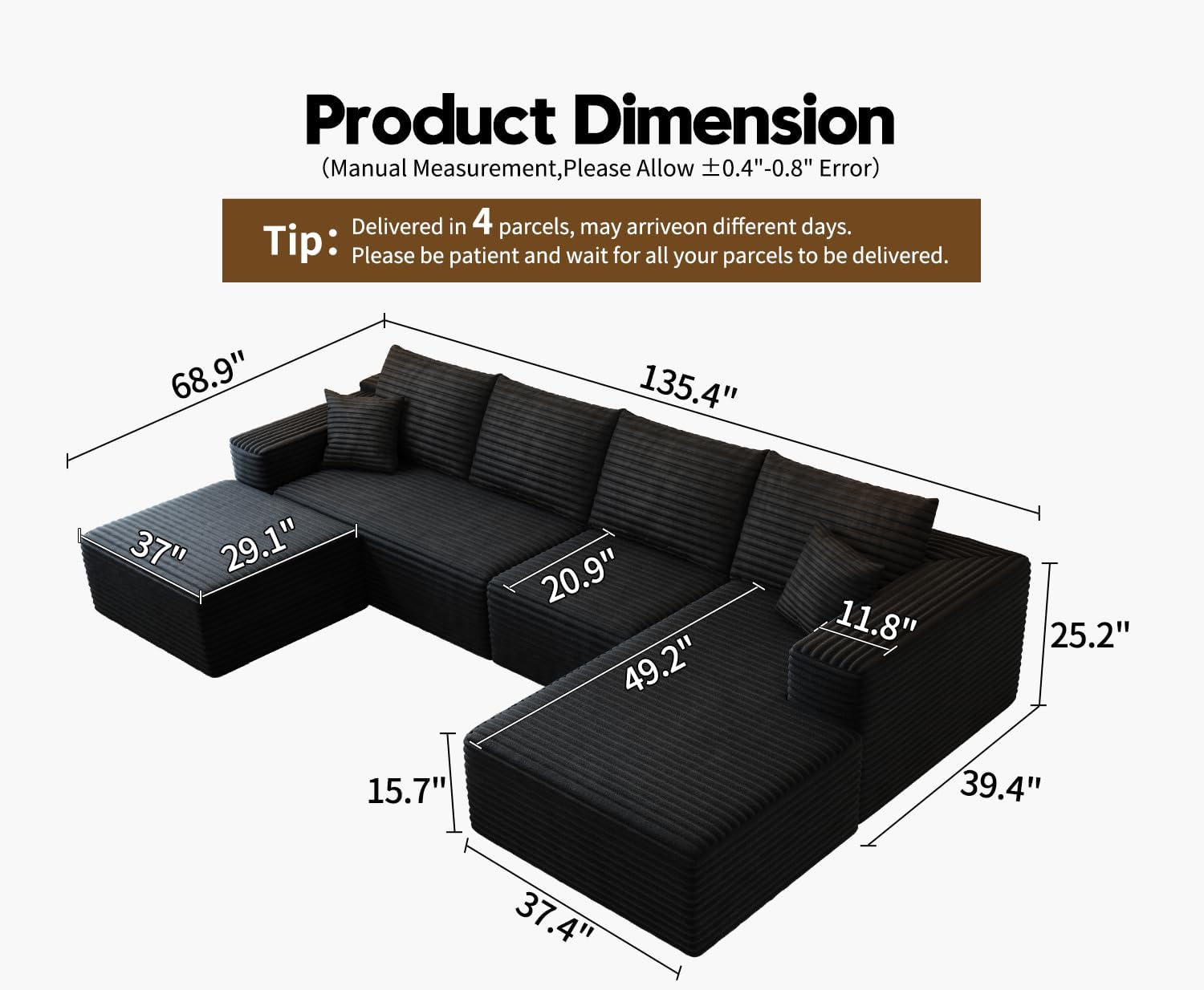 107.5" Cloud Modular Sectional Sofa Couch with L-Shape Chaise,Modern Minimalist Upholstered Couches wourant