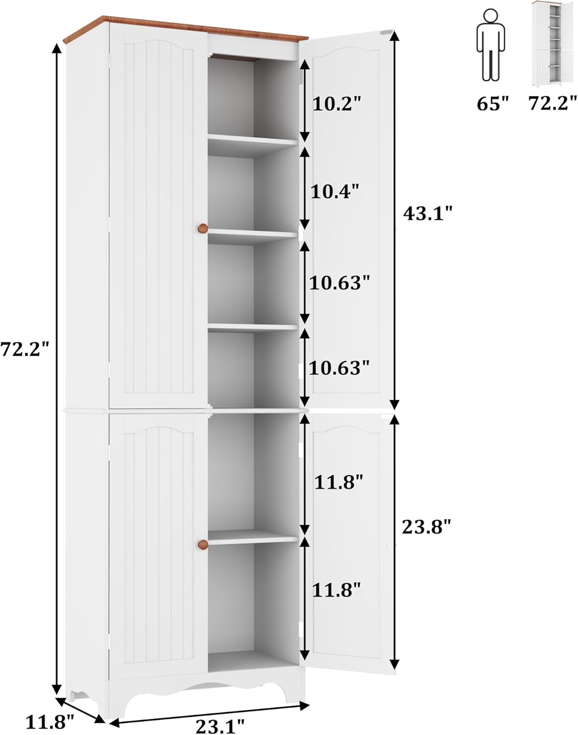 Tall Pantry Cabinet, Freestanding Storage Cabinet, Wooden Kitchen Pantry with 4 Doors and 5 Shelves, 72" Floor Cabinet Organizer wourant