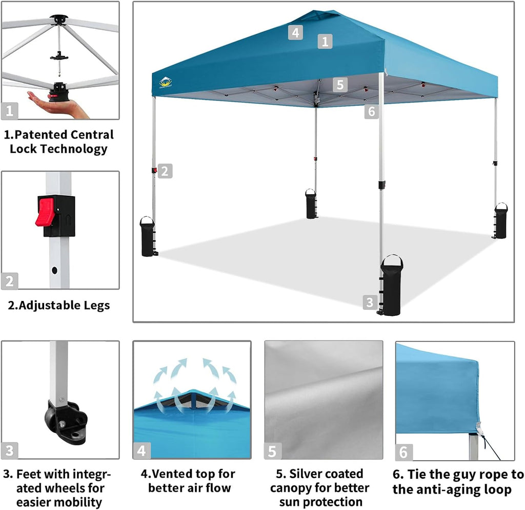 10x10 Pop-Up Awning - One-Click Installation Beach Tent - Outdoor Sunshade Silver Coated Top, 3 Heights and 4 Sand Pockets wourant