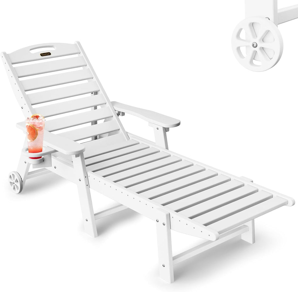Lounge Chair Outdoor, Chaise Lounge, HDPE 6-Position Outdoor Chaise Lounge, Patio Lounge Chair with Wheels & Cup Holder for Pool Poolside Deck Backyard, Teak wourant
