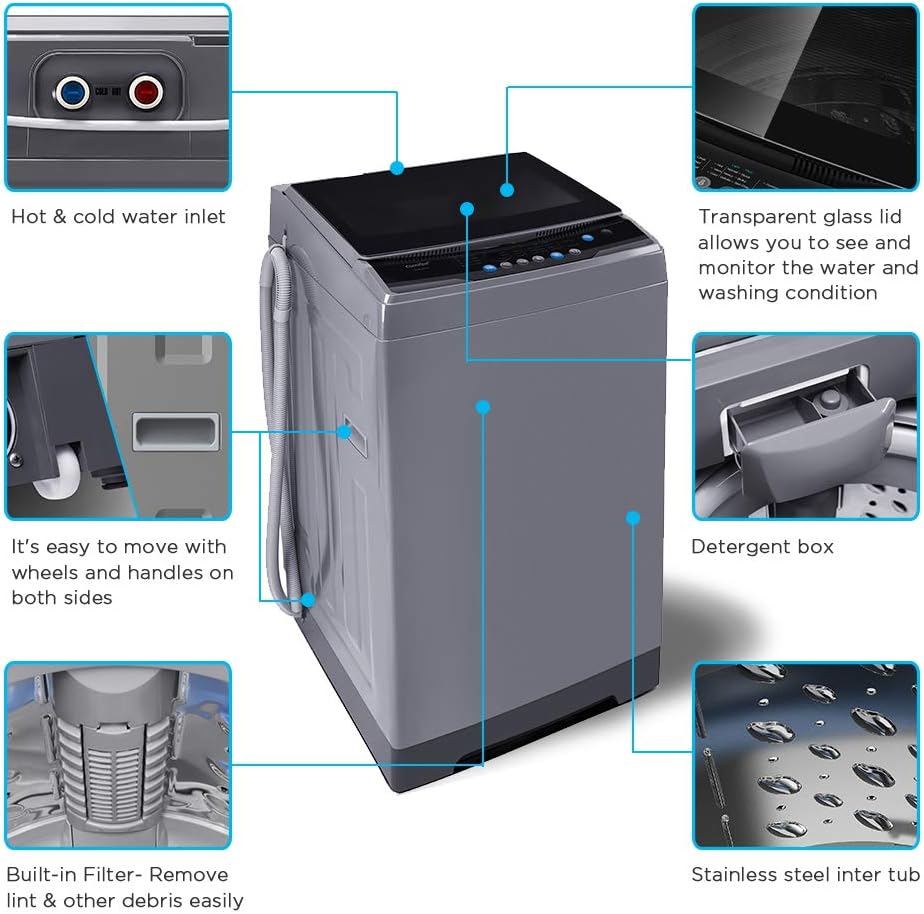 Comfee Portable Washing Machine, 0.9 cu.ft Compact Washer With LED Display, 5 Wash Cycles, 2 Built-in Rollers, Space Saving Full-Automatic Washer wourant