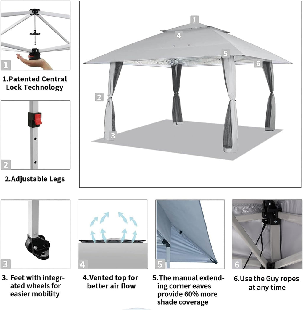 CROWN SHADES 13x13 Pop Up Gazebo, Canopy Tent, Gazebos on Clearance - Outdoor Gazebo for Backyard & Patio Furniture - Carpa Pop Up Tent with Wheeled STO-N-Go Cover Bag (White) wourant