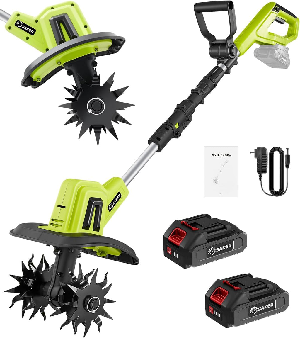 Saker 22V Cordless Electric Garden Tiller Cultivator, Lightweight Rototiller for Gardening, 9-Inch Tilling Width, 6.3-Inch Depth for Soil Preparation, Weeding, and Gardening 2 Batteries SK-TC18B wourant