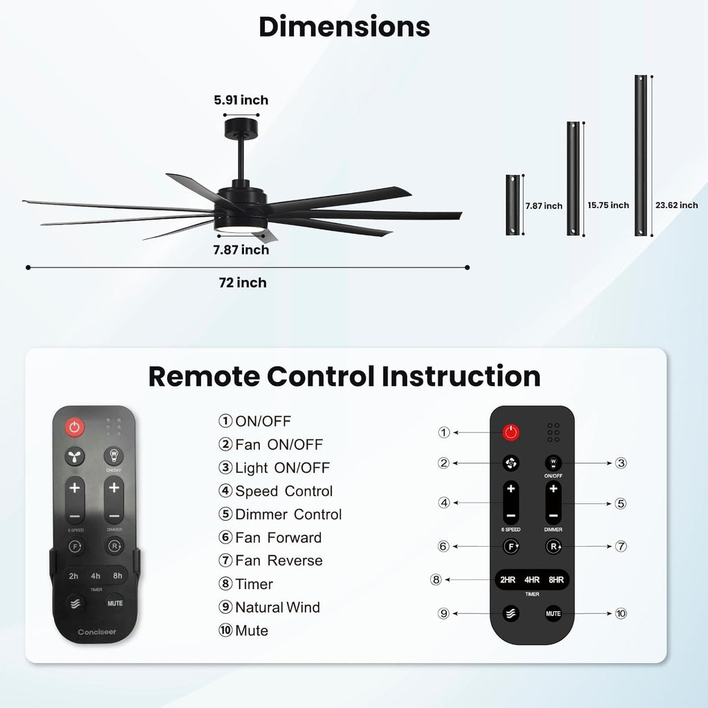 Modern Ceiling Fans with Lights, 72 Inch Ceiling Fan with Light and Remote, Bedroom Living Room Library Cafe Outdoor/Industrial,24W 3CCT Dimmable, 8 Blades 6 Speed Reversible Quiet DC Motor, Black wourant