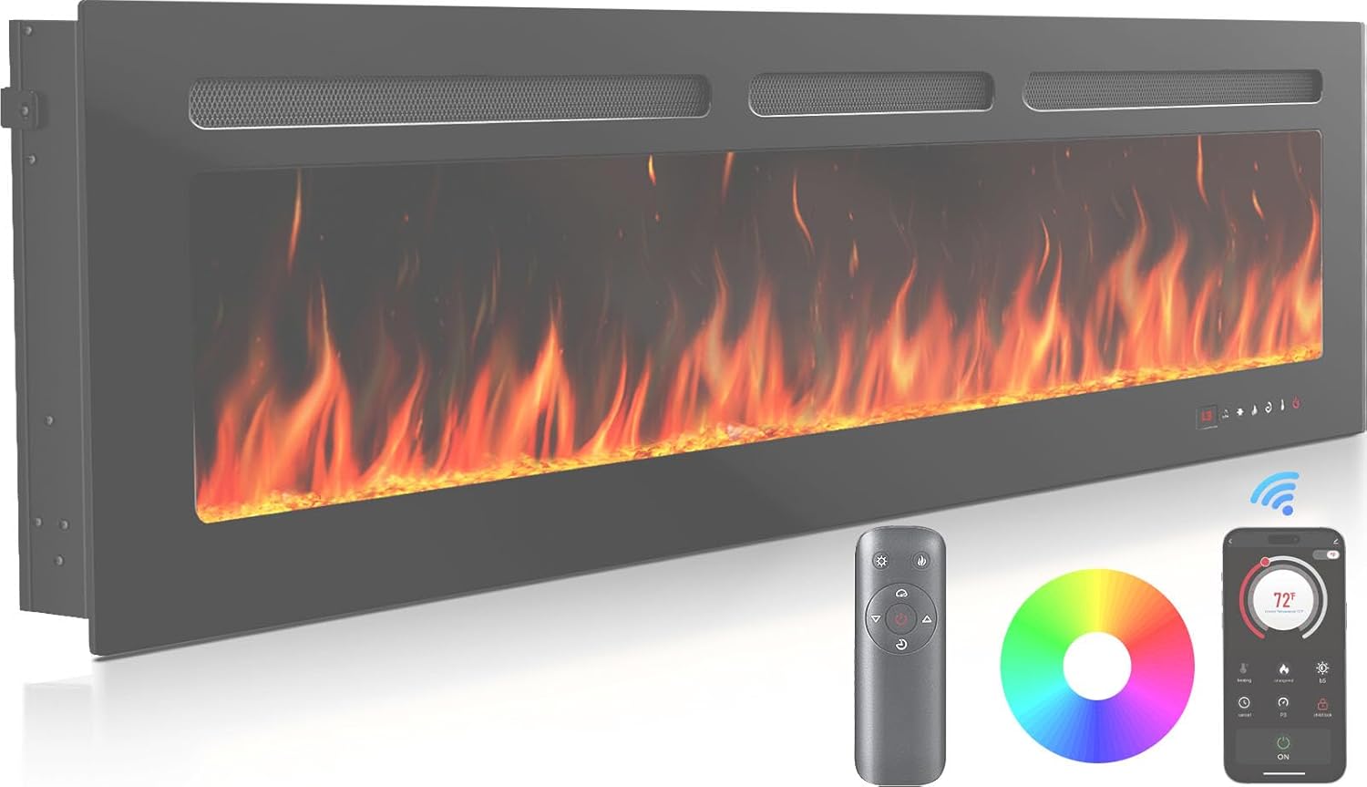50" Smart Electric Fireplace 5300 BTU Heat Output, Ultra-Slim Wall-Mount or Built-In Electric Fireplace wourant