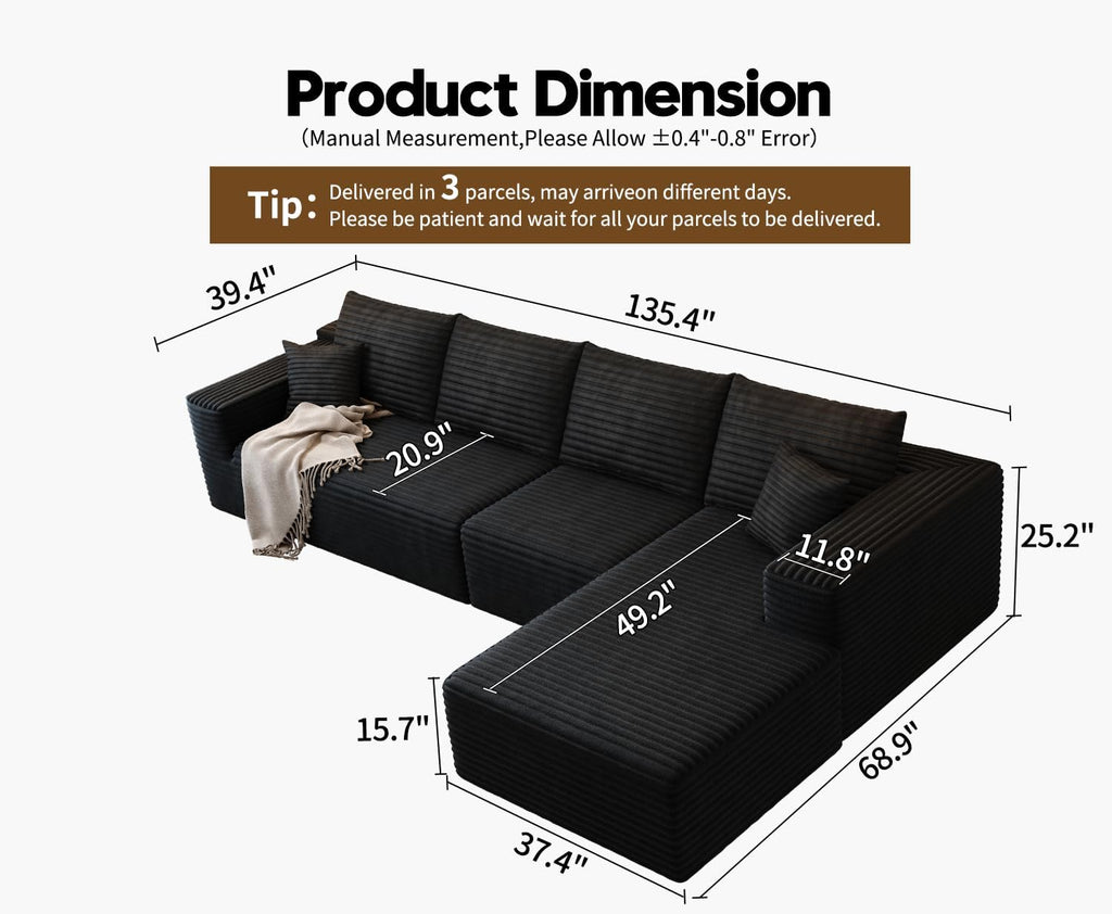 107.5 inch Cloud Modular Sectional Sofa with L-Shaped Chaise Lounge, Modern Minimalist Upholstered Sofa Deep Seating Corner Sofa wourant