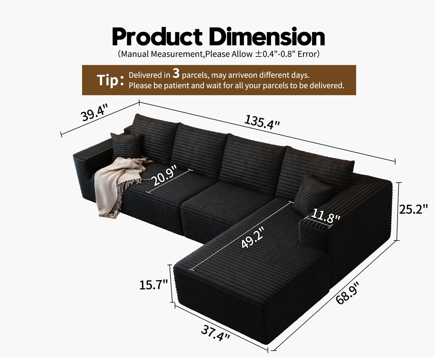 107.5 inch Cloud Modular Sectional Sofa with L-Shaped Chaise Lounge, Modern Minimalist Upholstered Sofa Deep Seating Corner Sofa wourant