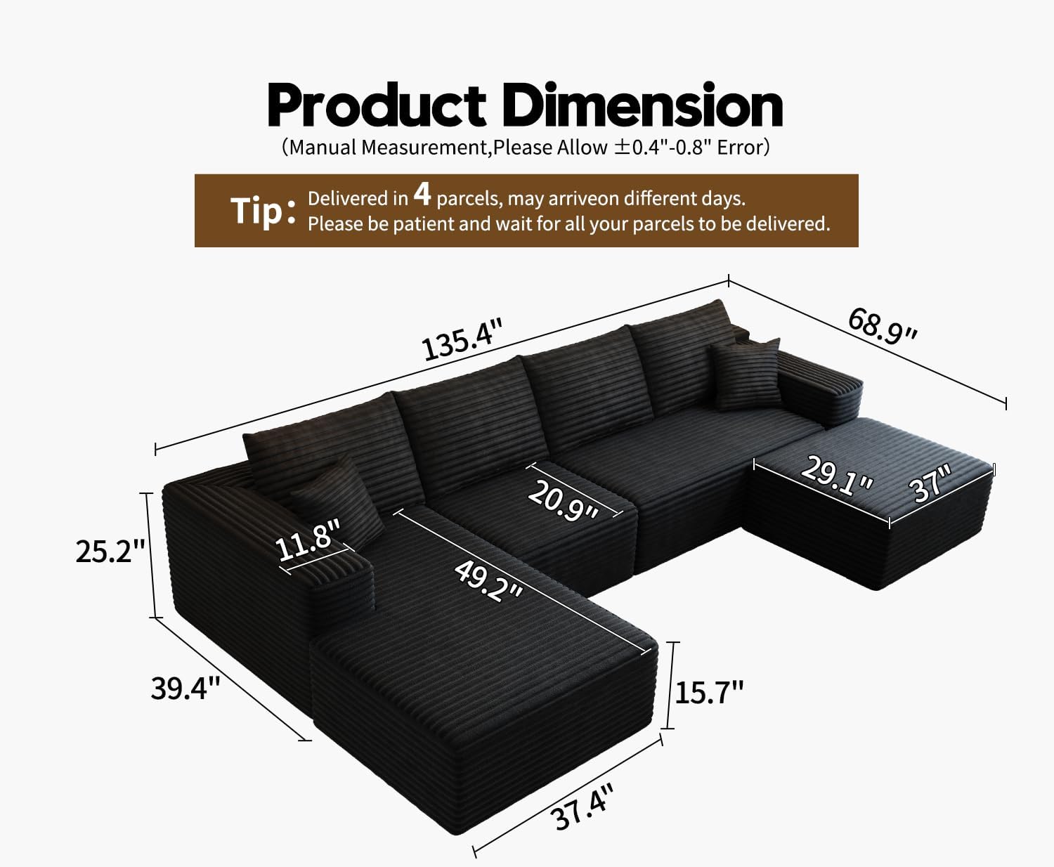 107.5" Cloud Modular Sectional Sofa Couch with L-Shape Chaise,Modern Minimalist Upholstered Couches wourant