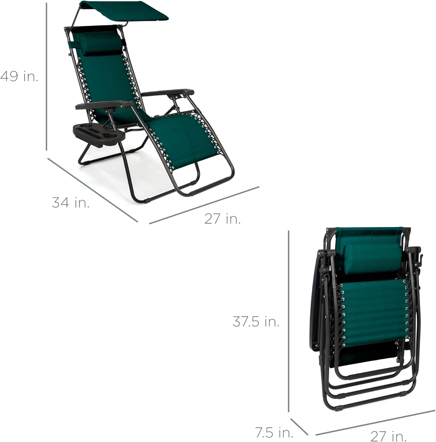 Best Choice Products Folding Zero Gravity Outdoor Recliner Patio Lounge Chair w/Adjustable Canopy Shade, Headrest, Side Accessory Tray, Textilene Mesh - Peacock Blue wourant