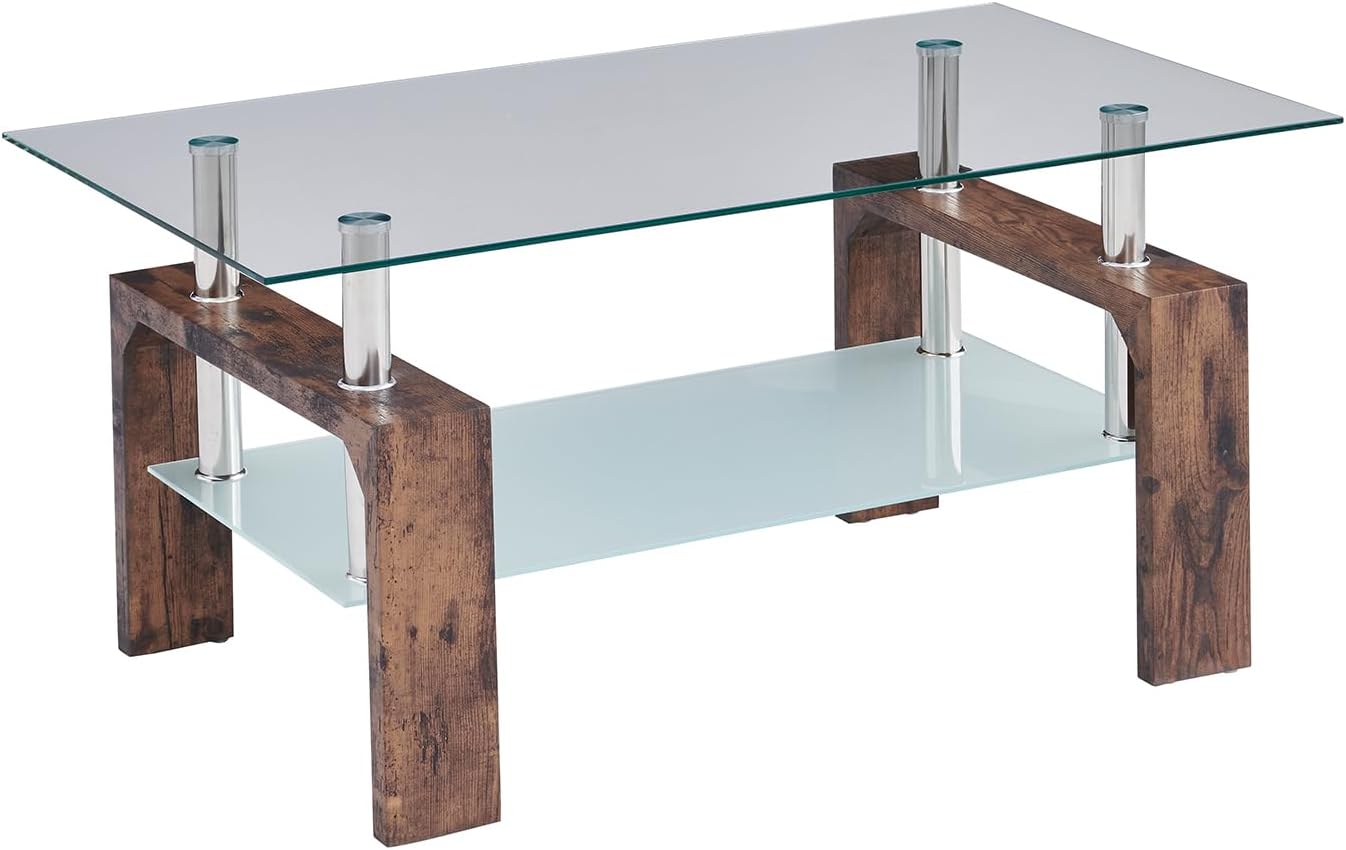 Living Room Rectangle Coffee Table, Tea Table Suitable for Waiting Room, Modern Side Coffee Table with Wooden Leg, Glass Tabletop wourant
